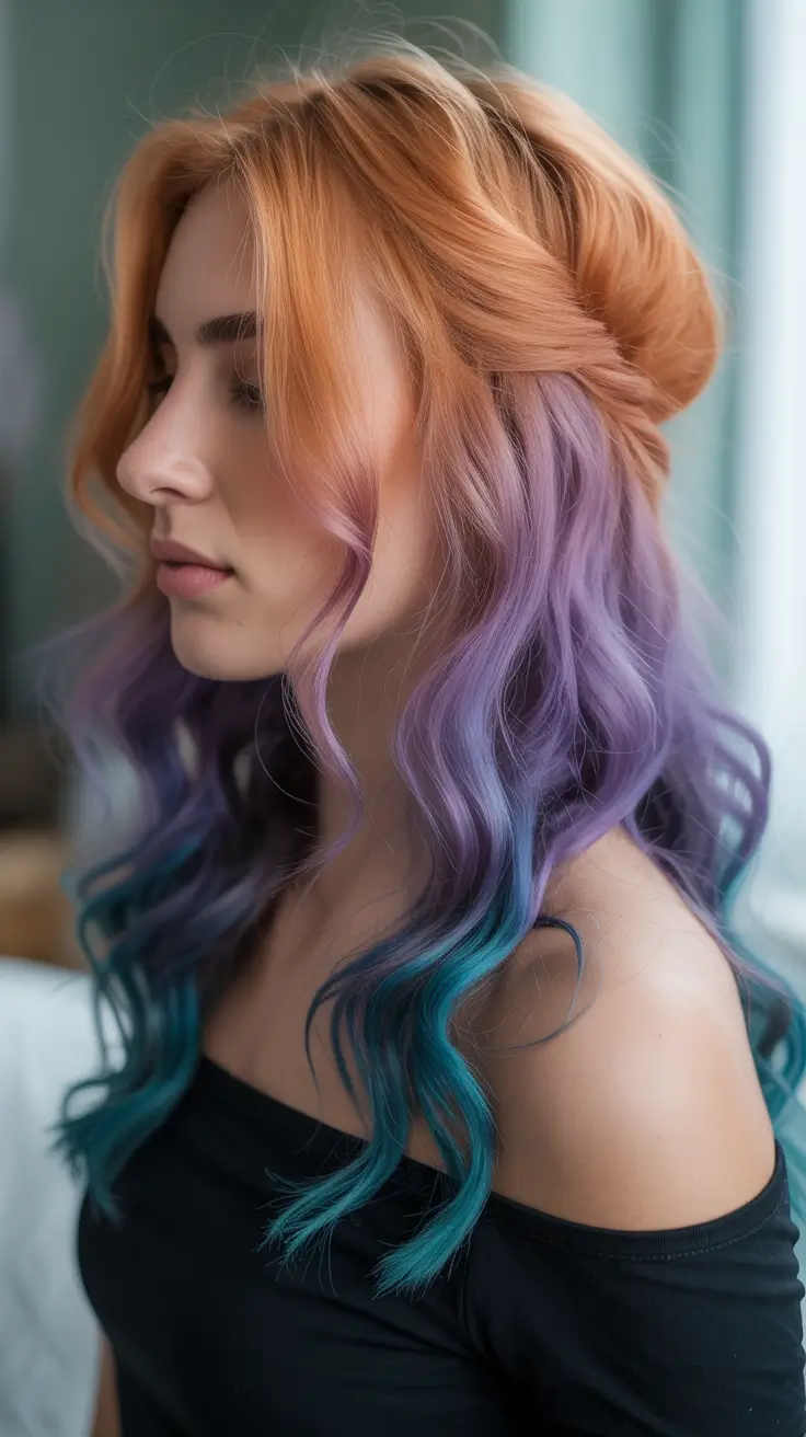 spring purple hair color 2026 Half Up Copper and Violet Fusion
