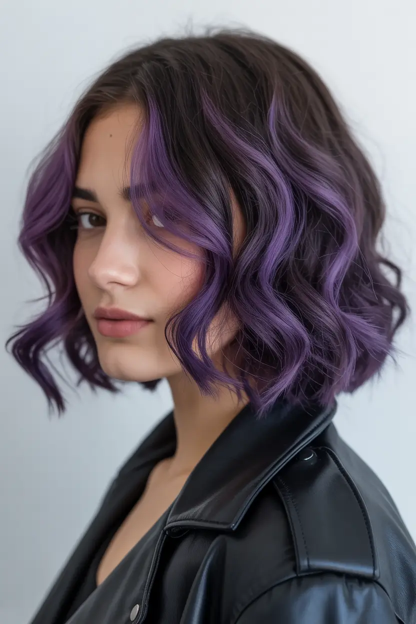 spring purple hair color 2026 Midnight Purple Textured Bob