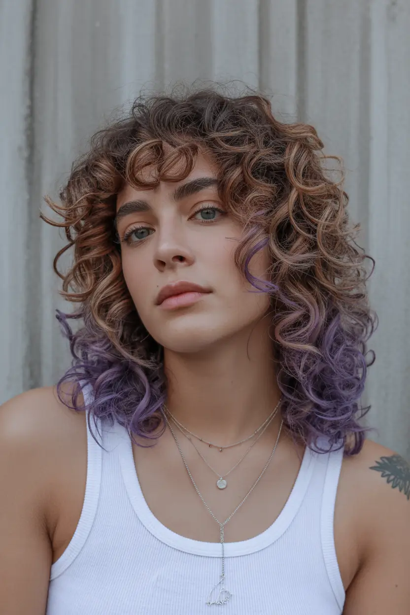 spring purple hair color 2026 Curly Plum Shag With Reddish Depth