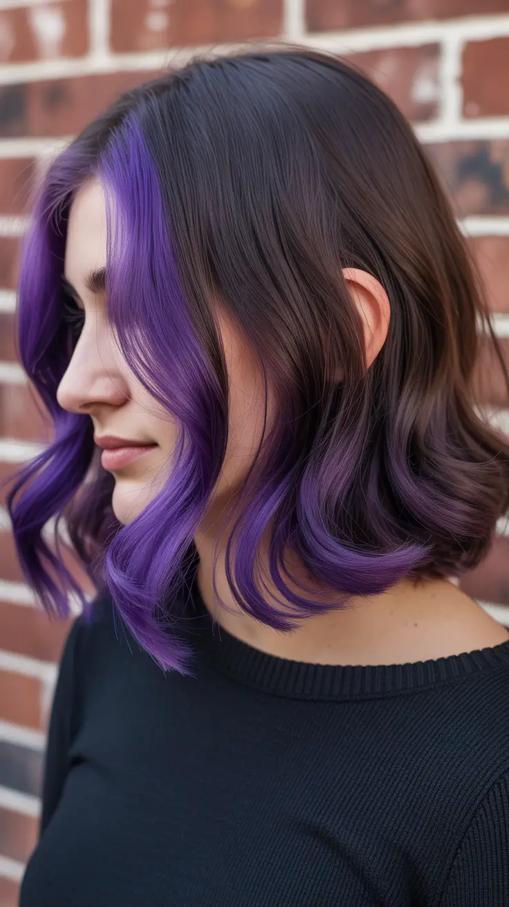 spring purple hair color 2026 Black To Purple Melt With Bold Front Panels