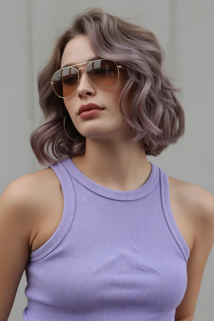 spring purple hair color 2026 Smoky Lavender Bob With Urban Cool