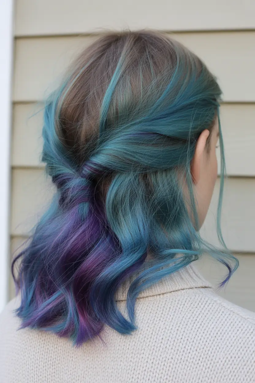spring purple hair color 2026 Teal And Violet Fusion Waves