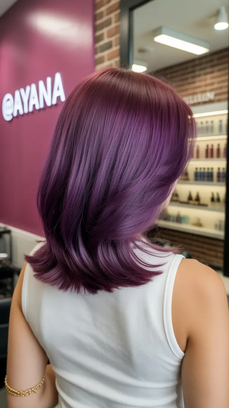 spring purple hair color 2026 Velvet Burgundy-Purple Layers With Salon Shine