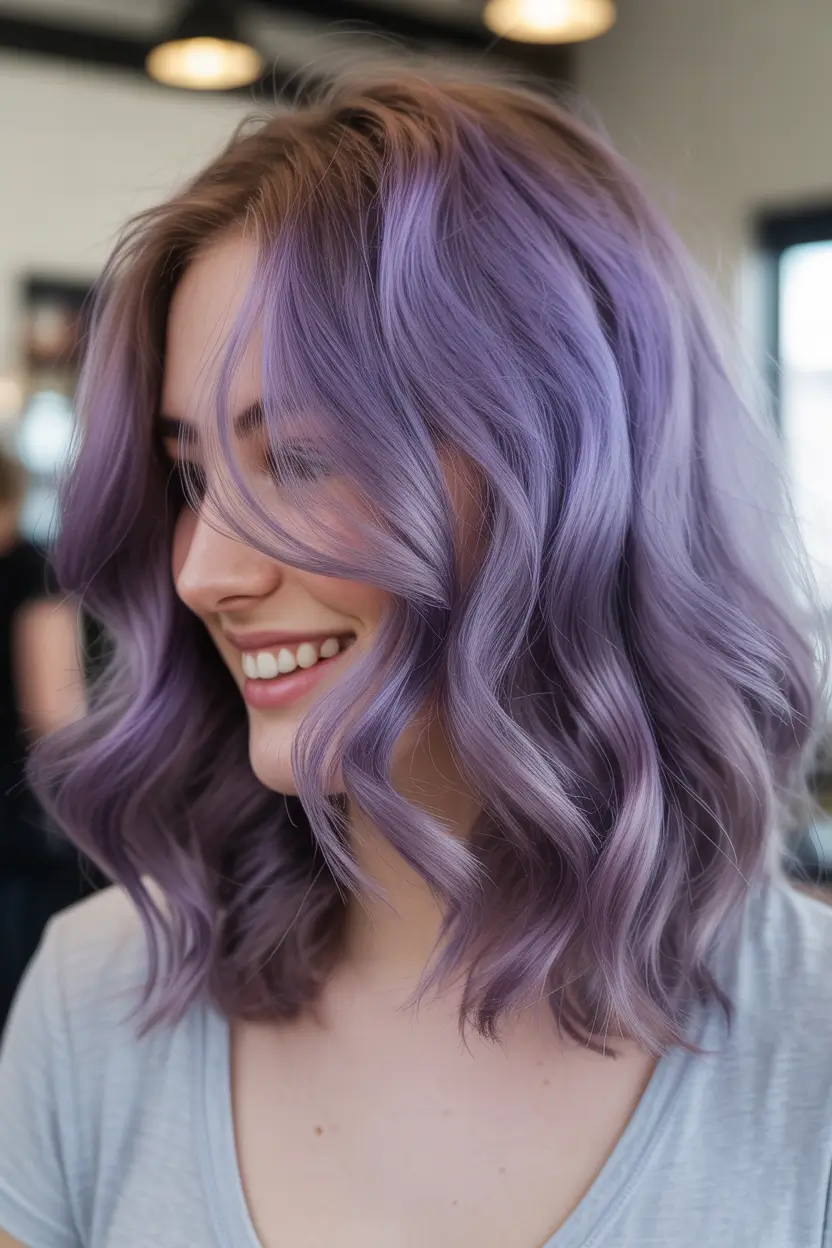 spring purple hair color 2026 Soft Lavender Waves With Everyday Glow