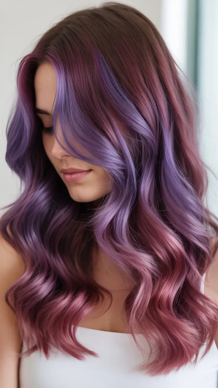 spring purple hair color 2026 Plum and Cherry Melt With Brunette Base