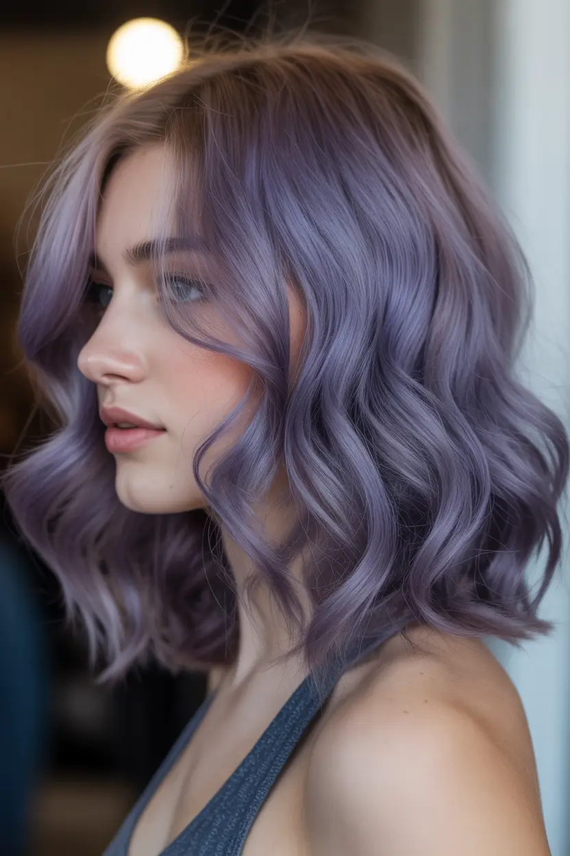spring purple hair color 2026 Muted Violet Bob With Cool Balance