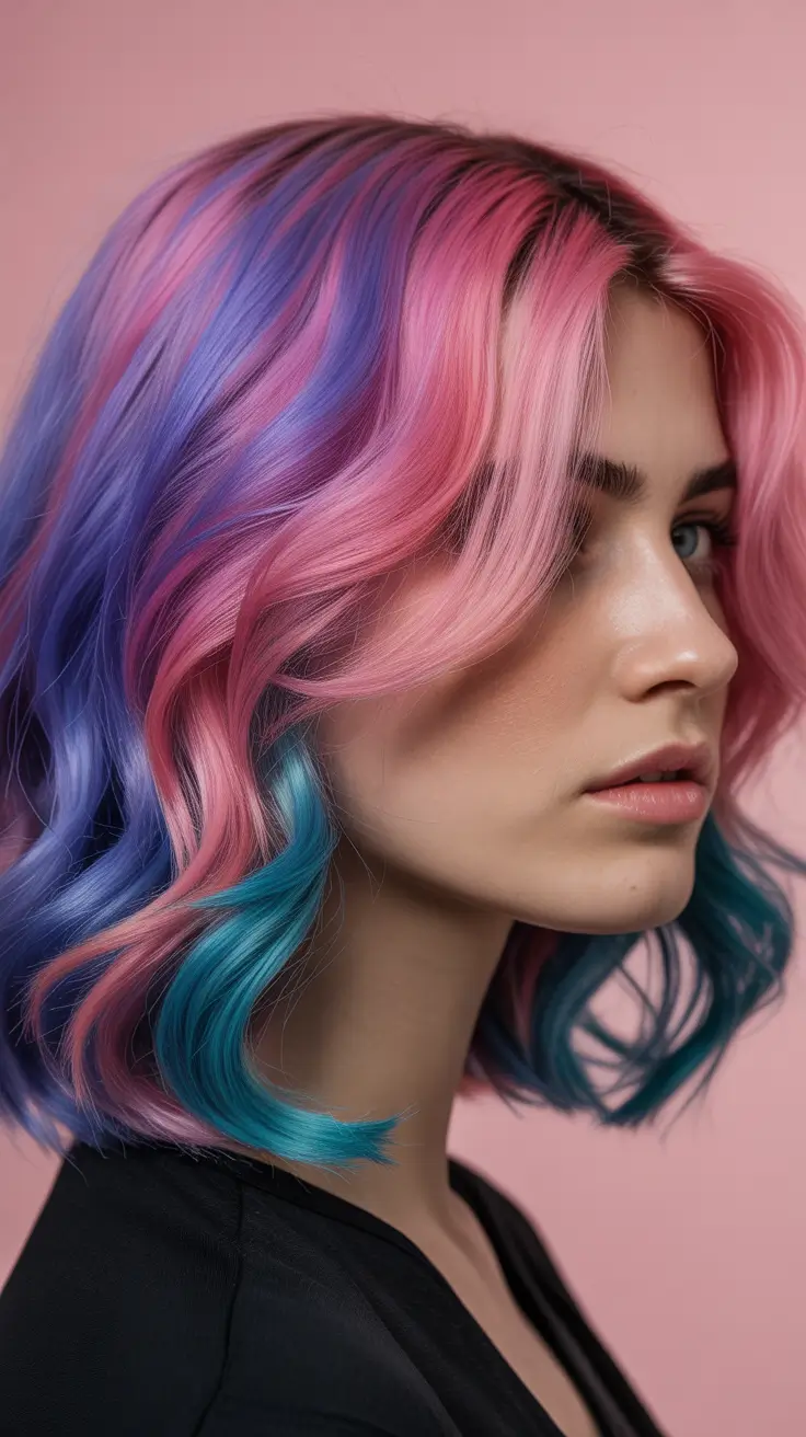 spring purple hair color 2026 Pink Blue and Purple Fusion Waves