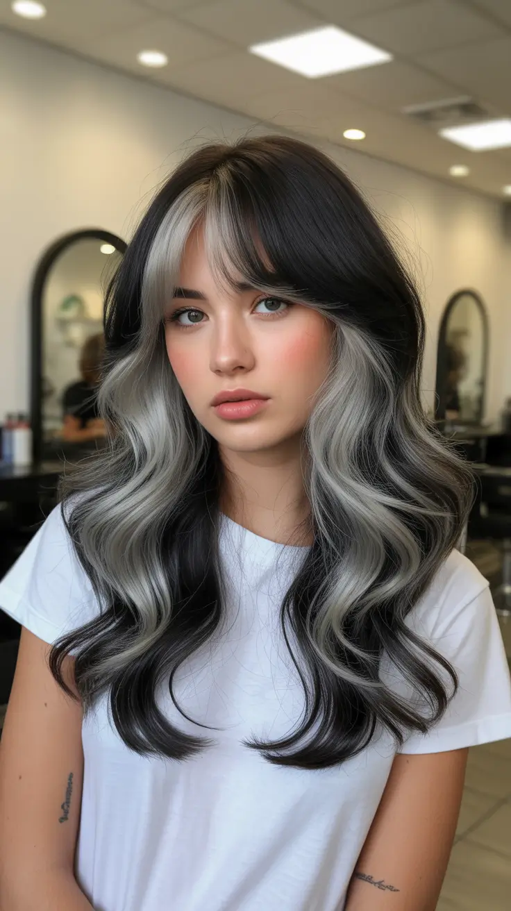 spring balayage hair color ideas 2026 Smoky Mushroom Waves with Soft Fringe