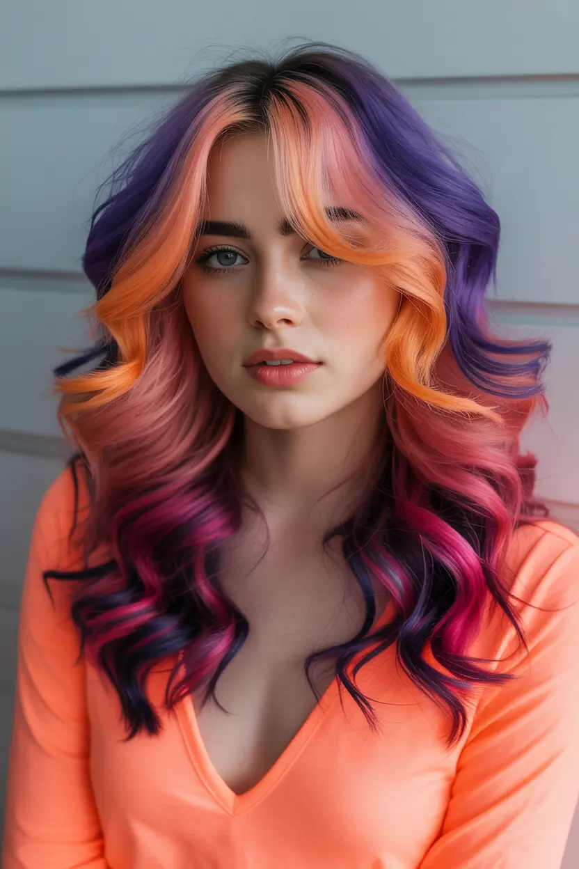 spring balayage hair color ideas 2026 Sunset Prism Balayage with Soft Waves