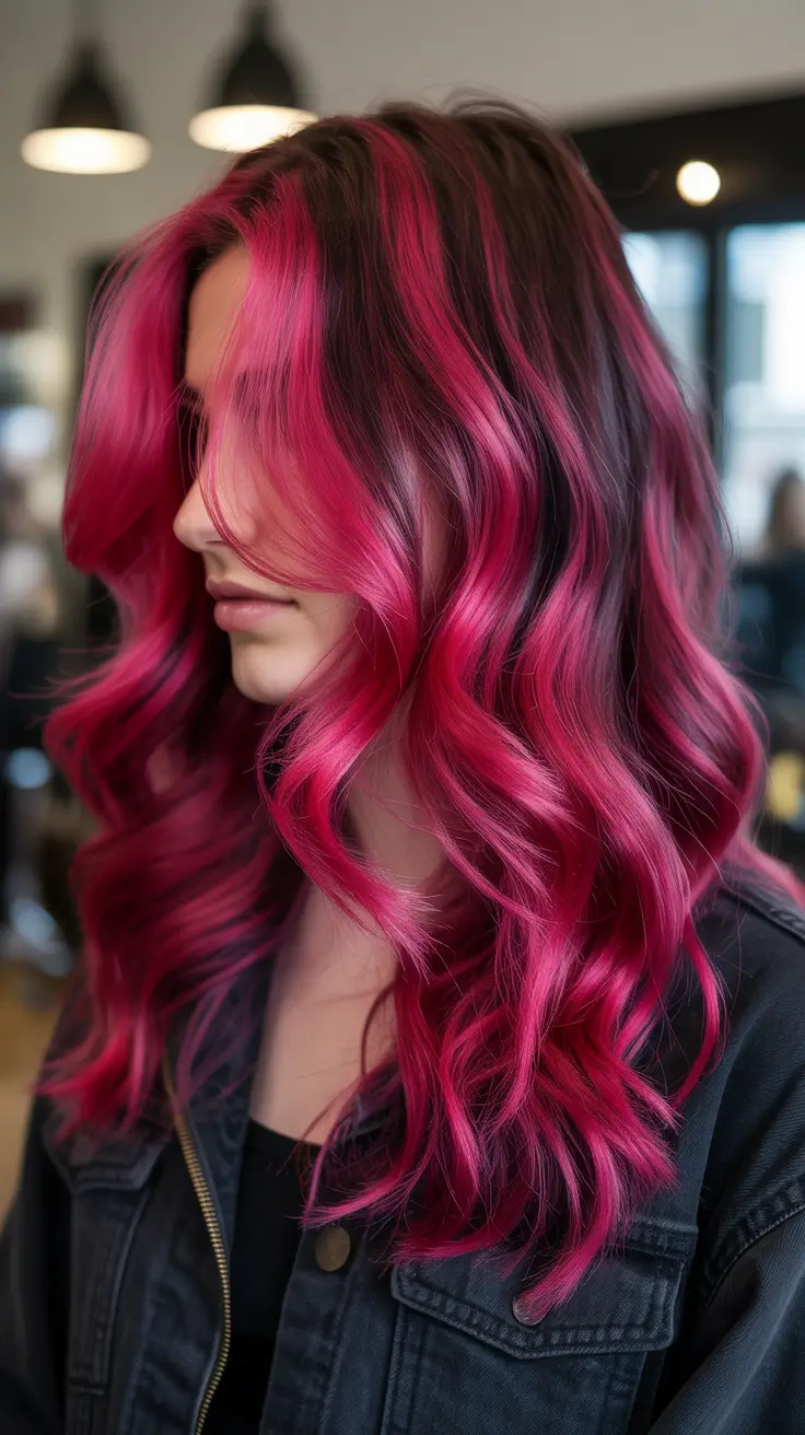 spring balayage hair color ideas 2026 Velvet Raspberry Espresso Waves