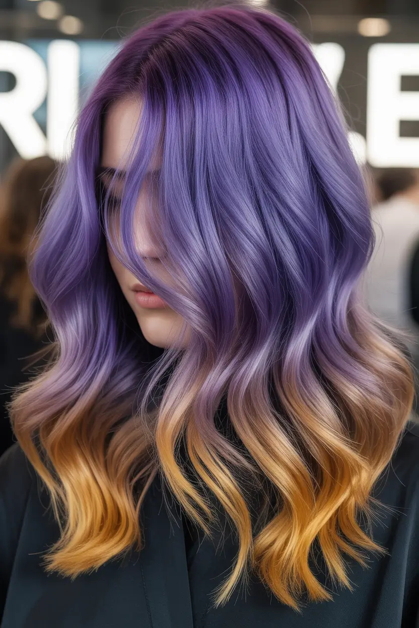 spring balayage hair color ideas 2026 Violet Sunset Melt with Honey-Tipped Ends