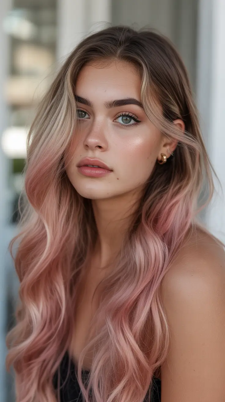 spring balayage hair color ideas 2026 Soft Rose Milk Tea Balayage Glow