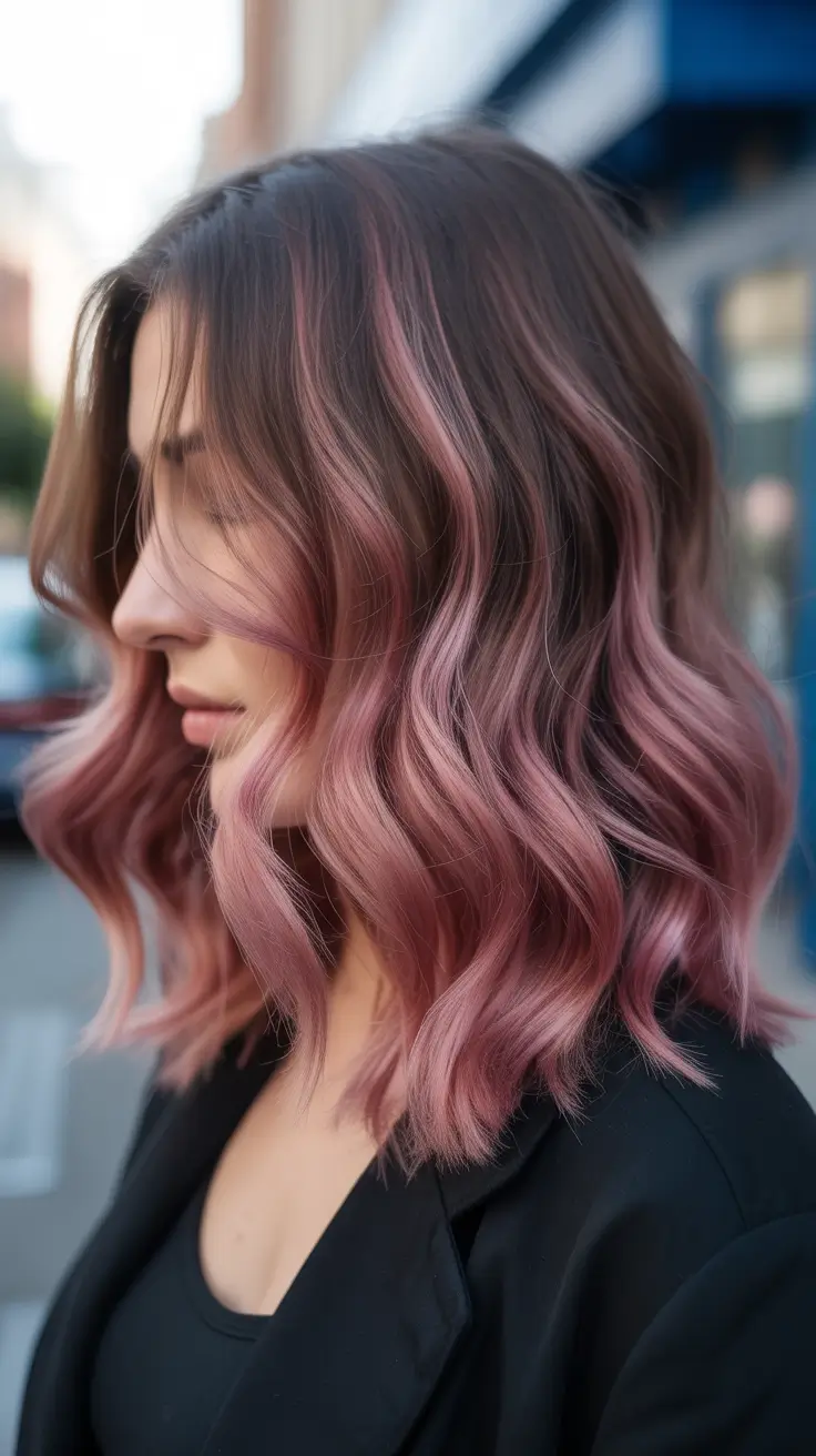 spring balayage hair color ideas 2026 Dusty Rose Mocha Lob Elegance