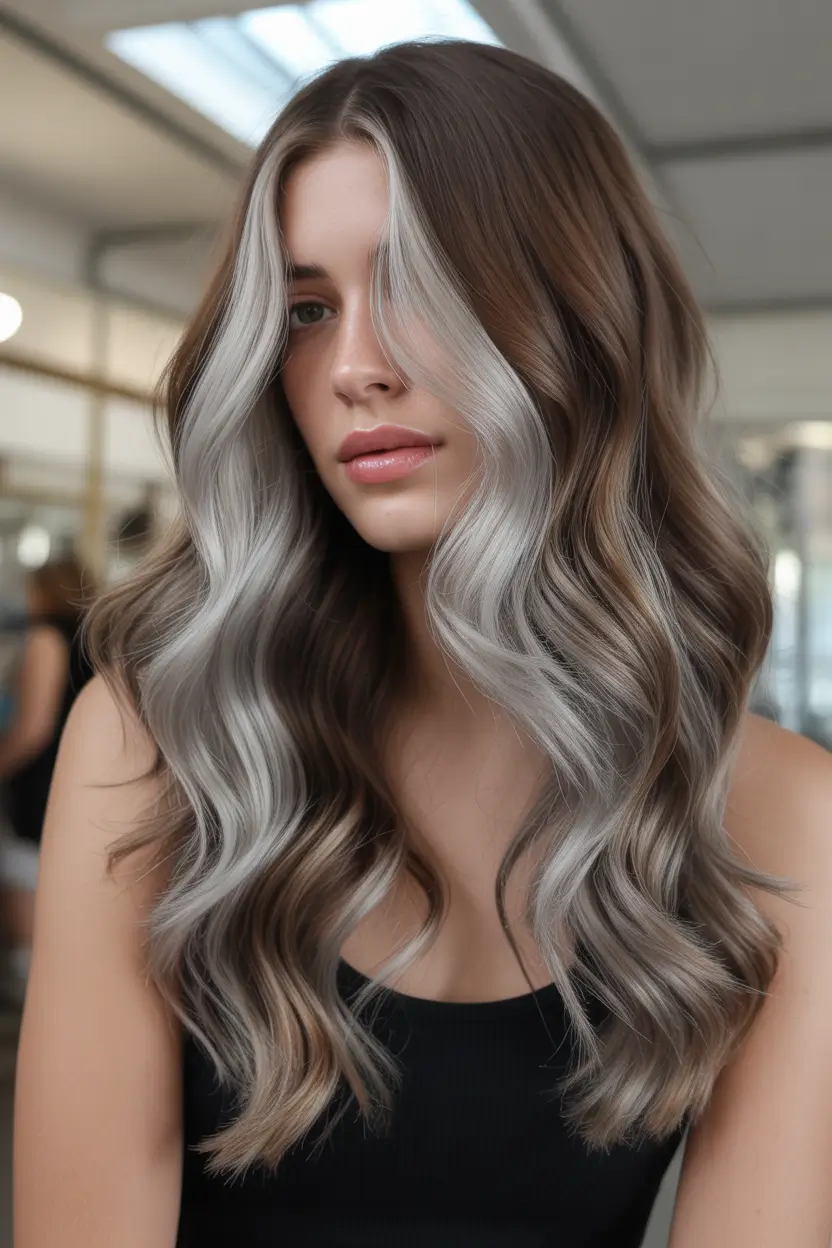 spring balayage hair color ideas 2026 Silver Mushroom Brunette with Soft Movement