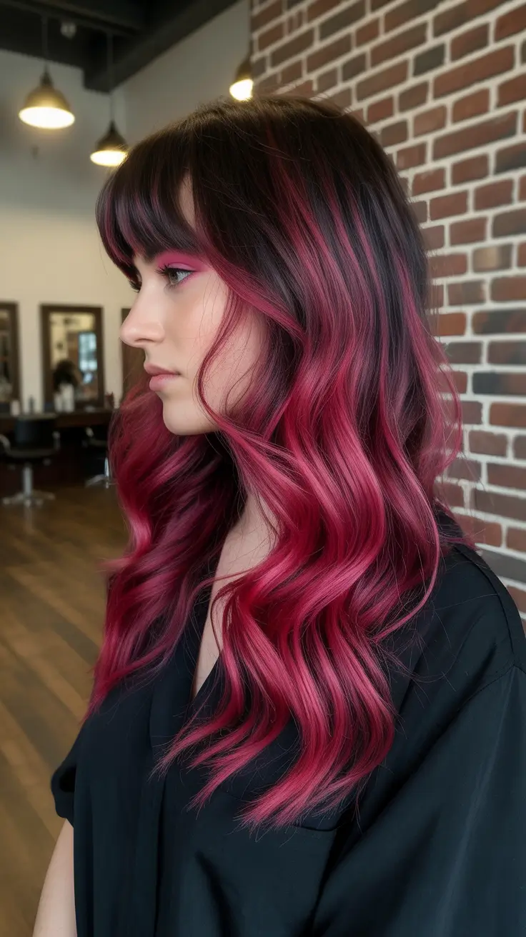 spring balayage hair color ideas 2026 Cherry Cola Waves with Bold Fringe