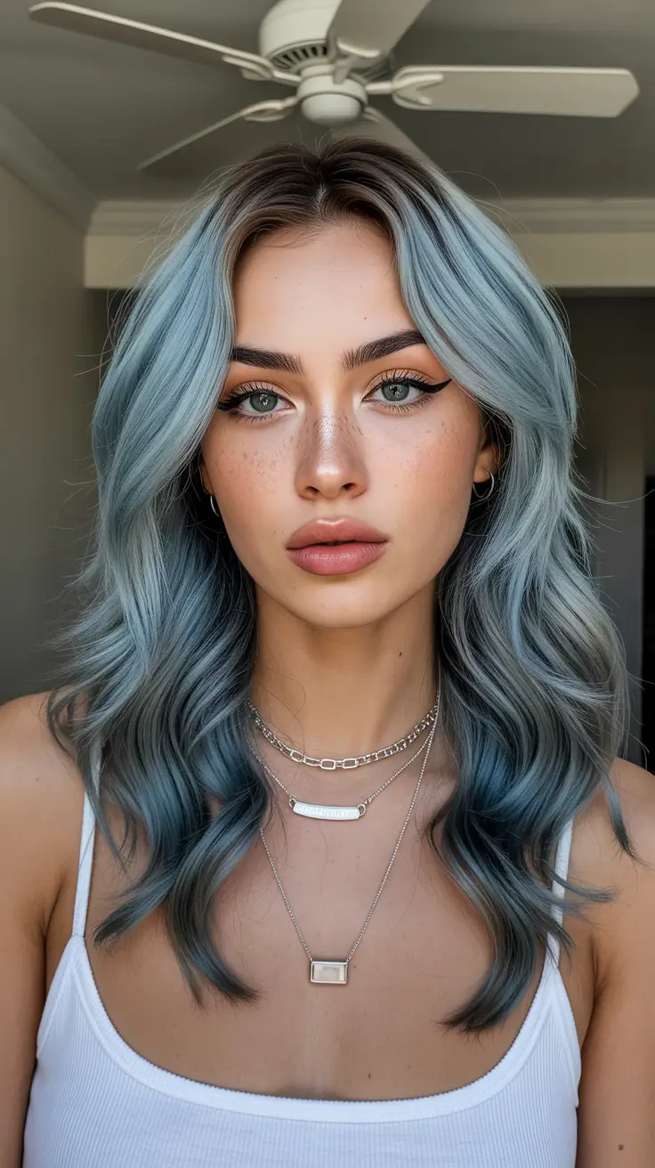 spring balayage hair color ideas 2026 Cool Blue Latte Balayage Statement