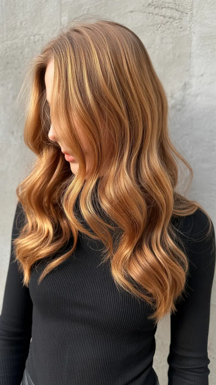spring balayage hair color ideas 2026 Honey Cinnamon Glow with Natural Waves