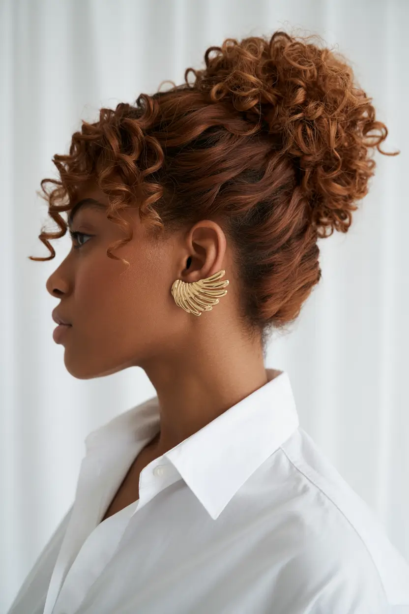 spring hairstyle black women 2026 Soft Copper Curly Updo With Sculpted Volume