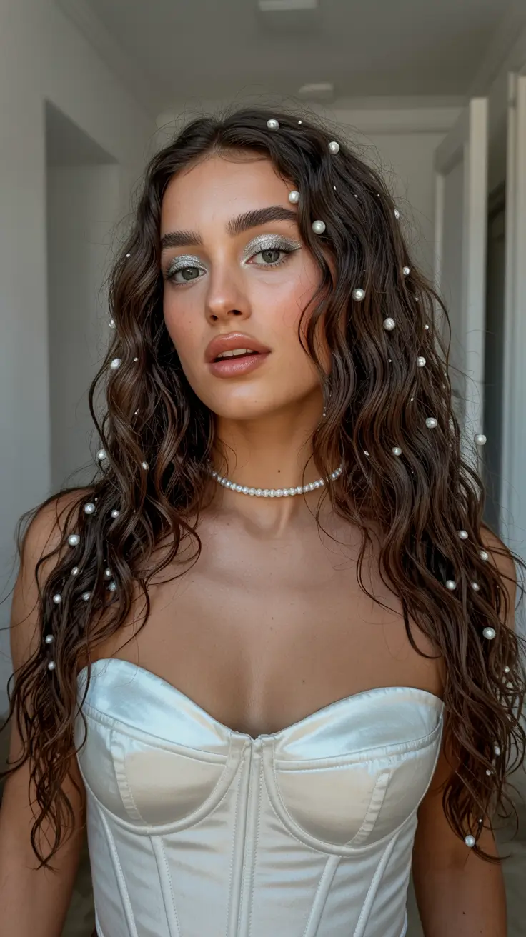 spring wedding hairstyle 2026 Pearl Studded Natural Waves