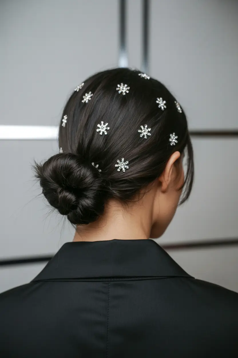 spring wedding hairstyle 2026 Sleek Low Bun with Crystal Accents