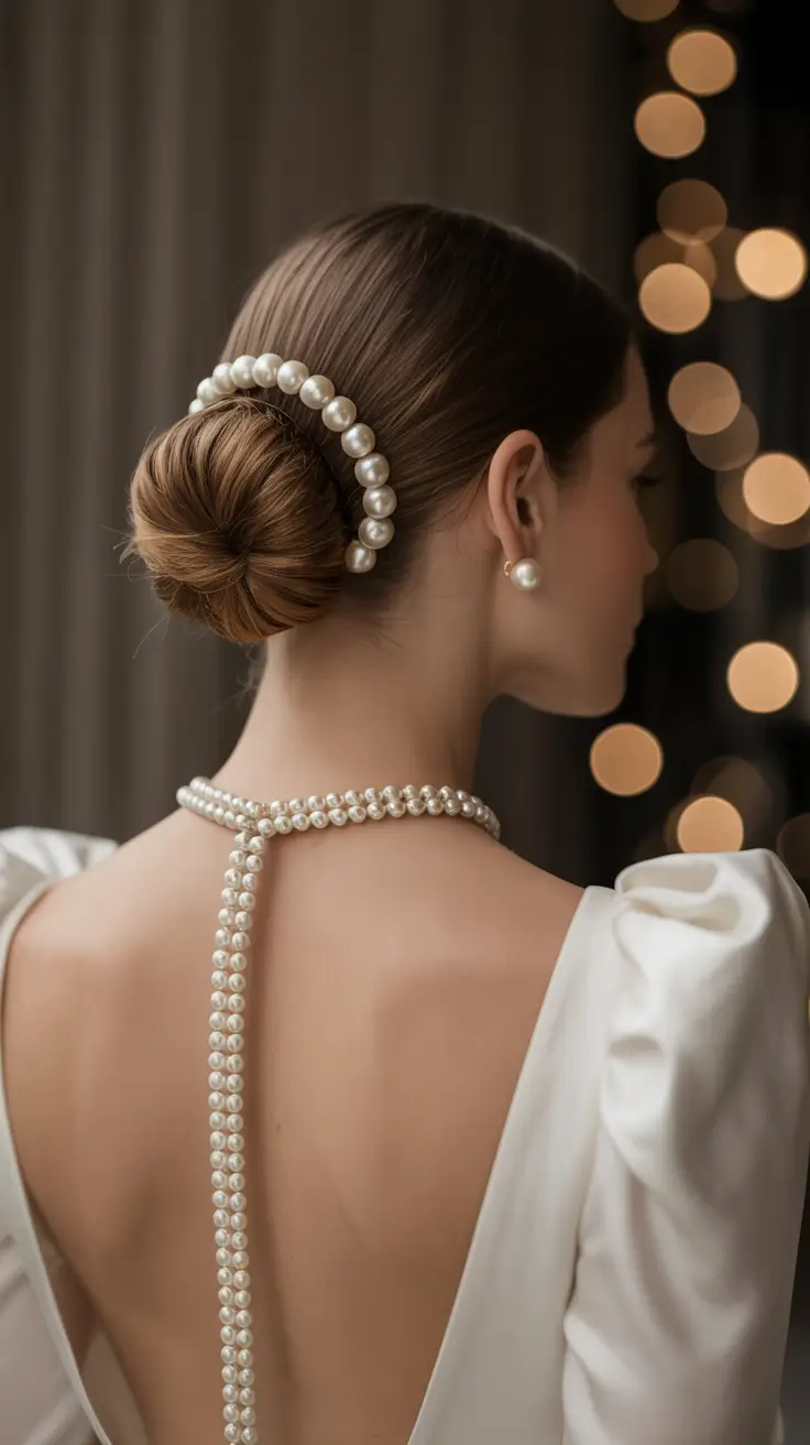 spring wedding hairstyle 2026 Classic Chignon with Pearl Halo