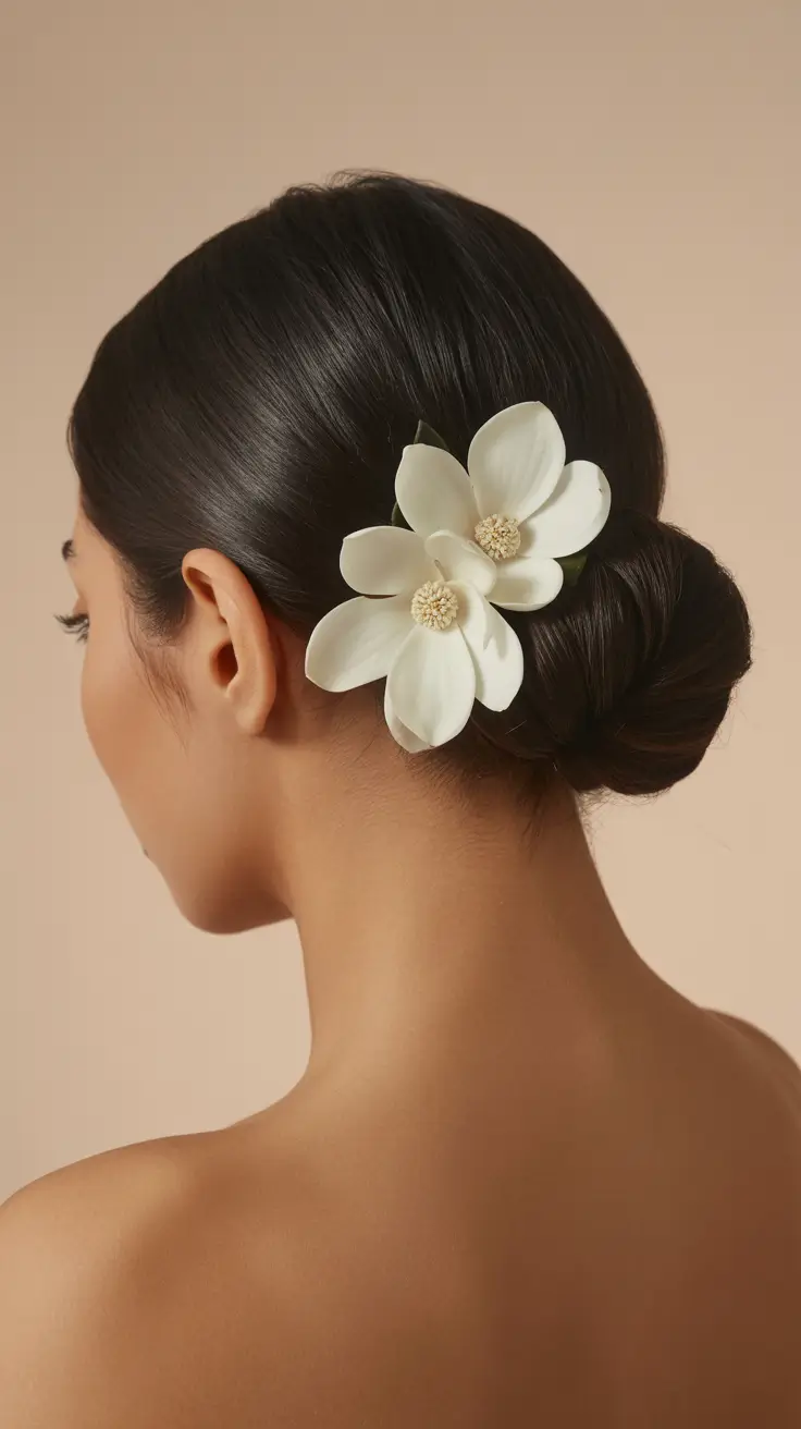 spring wedding hairstyle 2026 Sleek Low Chignon with Magnolia Accent