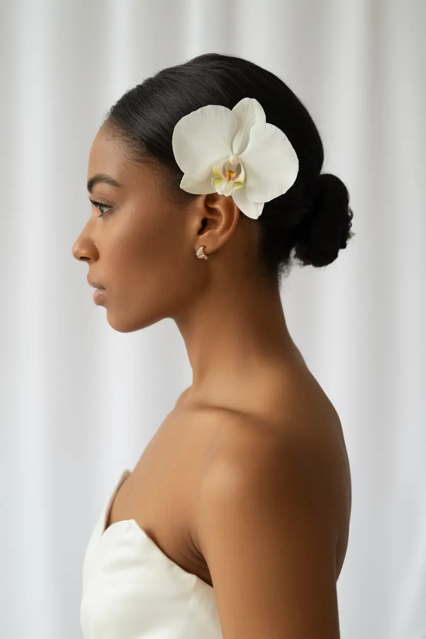 spring wedding hairstyle 2026 Classic Orchid Bun for Modern Brides