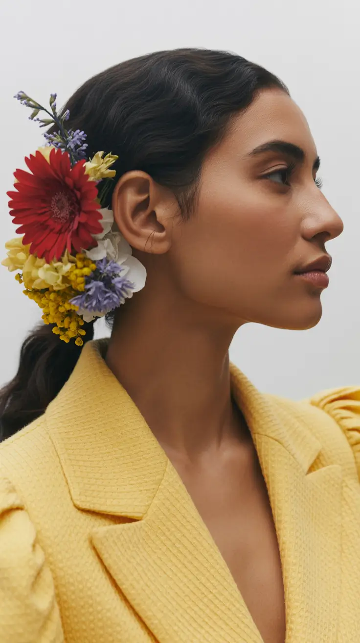 spring wedding hairstyle 2026 Boho Floral Ponytail with Colorful Accents