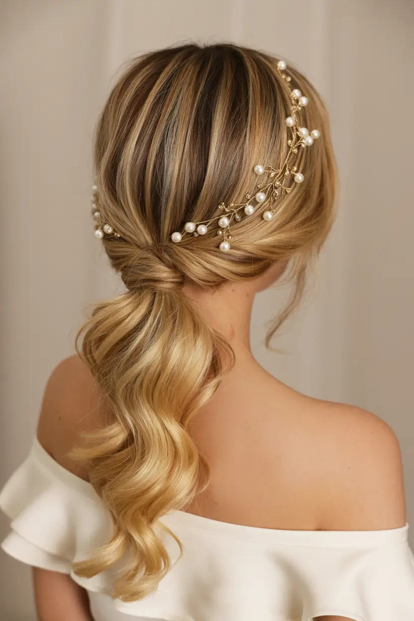 spring wedding hairstyle 2026 Low Ponytail with Pearl Vine Detail