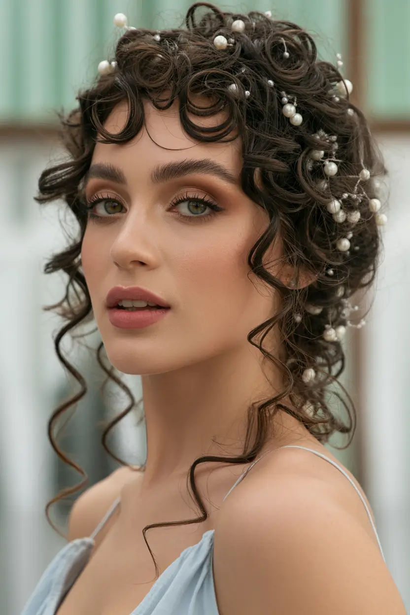 spring wedding hairstyle 2026 Vintage Curly Bob with Pearl Details