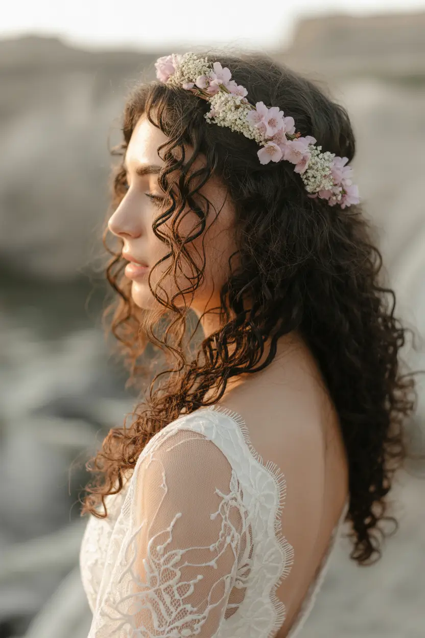 spring wedding hairstyle 2026 Bohemian Curly Crown with Floral Headband
