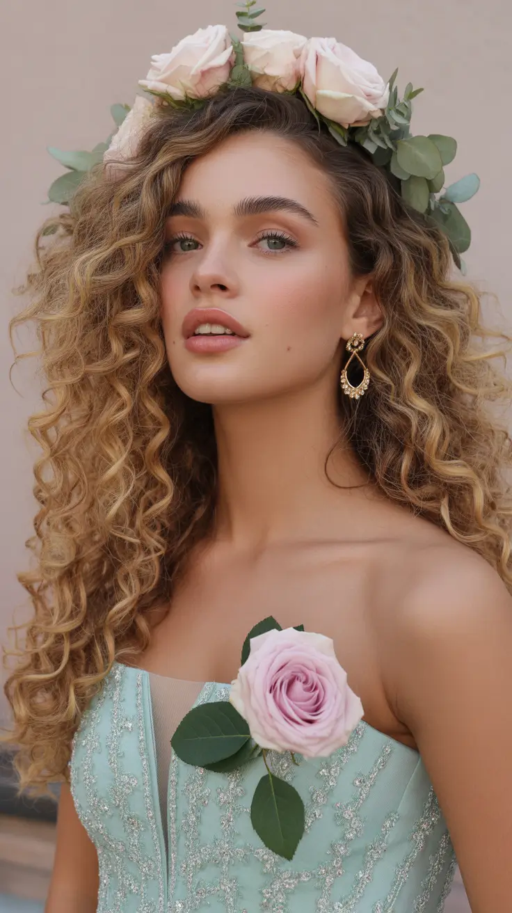 spring wedding hairstyle 2026 Voluminous Romantic Curls with Rose Crown