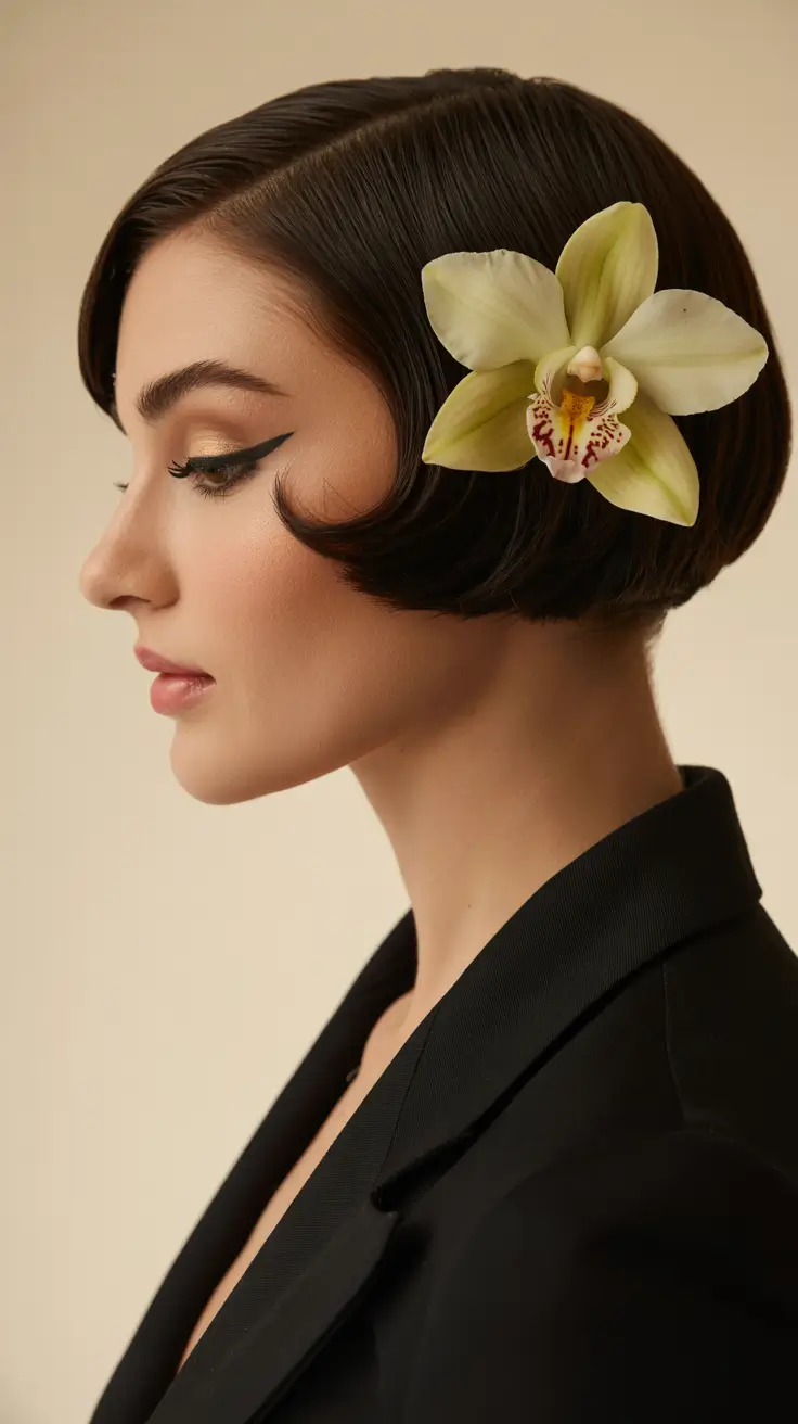 spring wedding hairstyle 2026 Vintage Bob with Floral Statement Accent