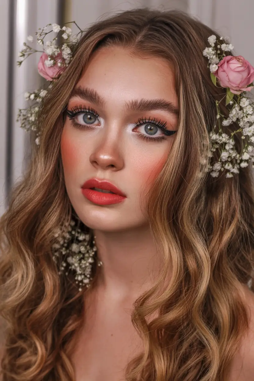 spring wedding hairstyle 2026 Floral Waves with Soft Bangs