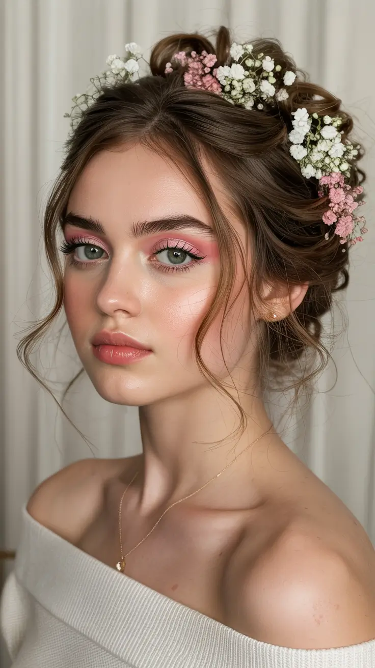 spring wedding hairstyle 2026 Romantic Floral Updo with Loose Strands