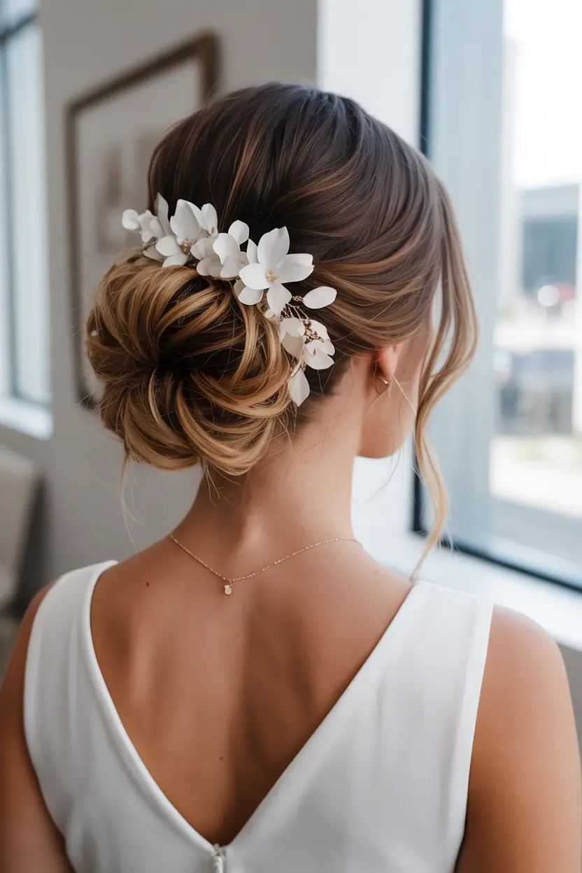 spring wedding hairstyle 2026 Low Bun with White Blossom Accent