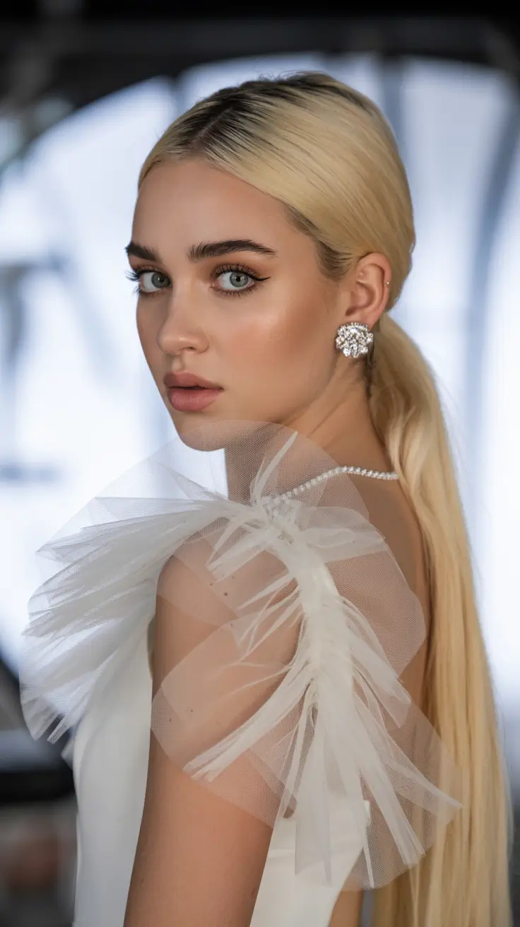 spring wedding hairstyle 2026 Sleek Low Ponytail with Bridal Veil