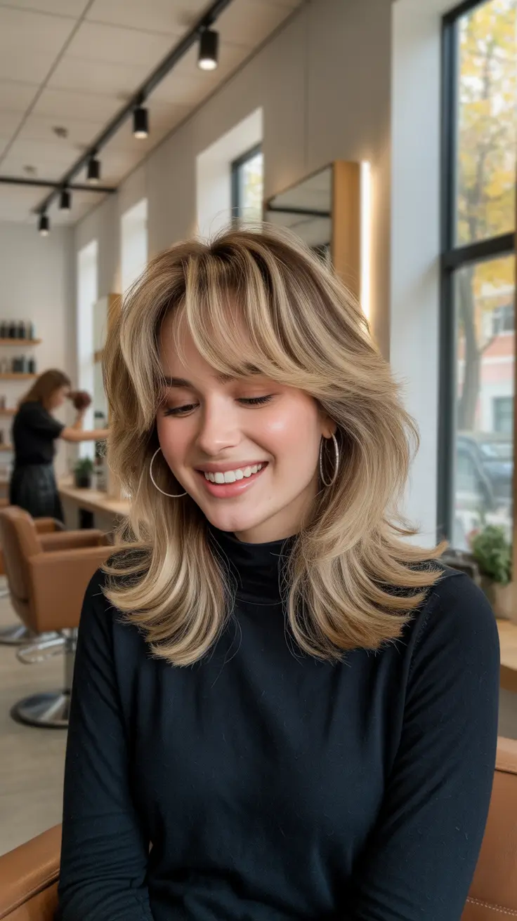 spring haircuts 2026 Layered Blonde with Curtain Bangs