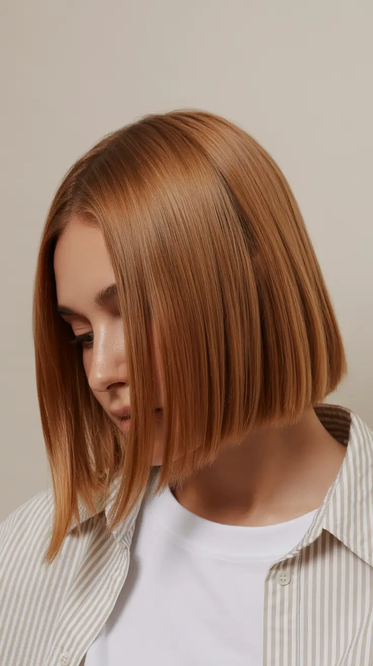 spring haircuts 2026 Clean Blunt Bob with Warm Tone