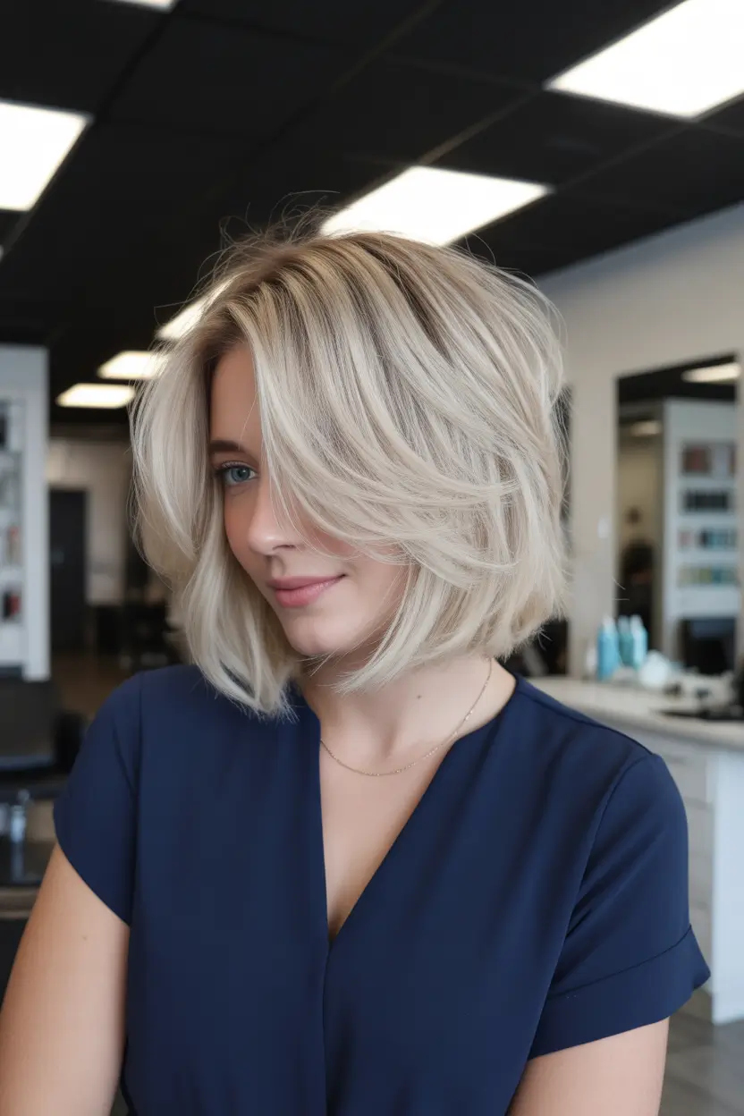 spring haircuts 2026 Feathered Blonde Bob with Volume