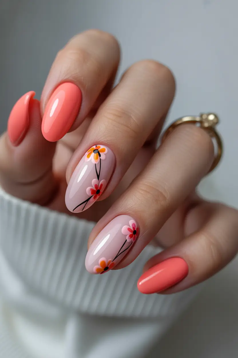 March Nails Color Ideas 2026 Coral Pop Nails With Tiny Spring Flowers