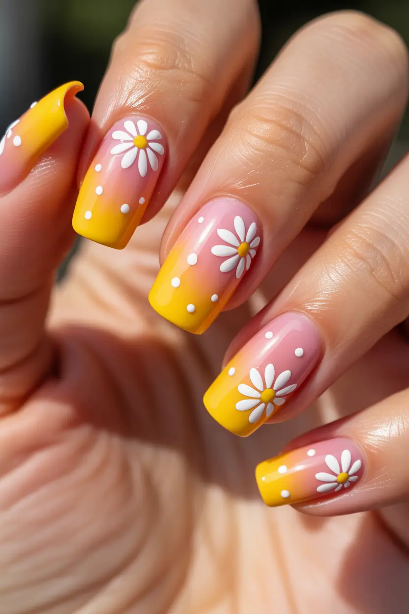 March Nails Color Ideas 2026 Yellow Ombre Daisy Nails