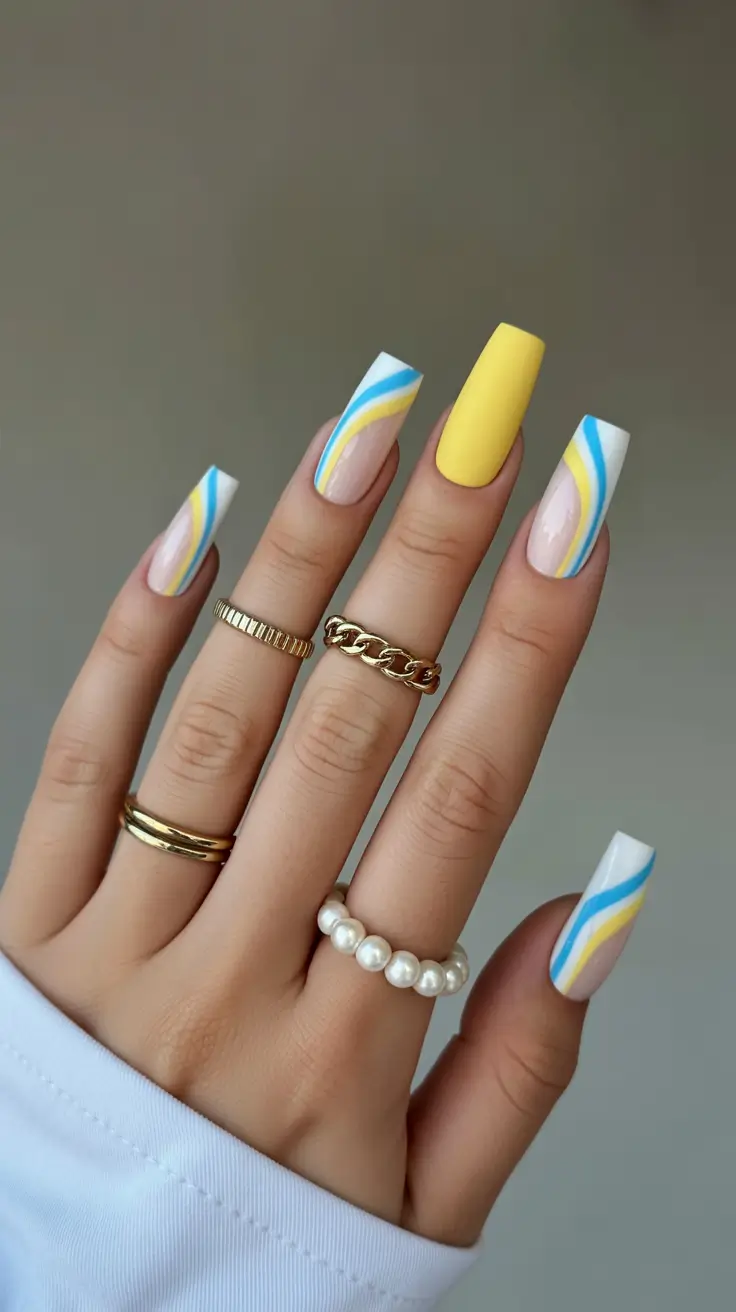 March Nails Color Ideas 2026 Matte Yellow Wave Nails