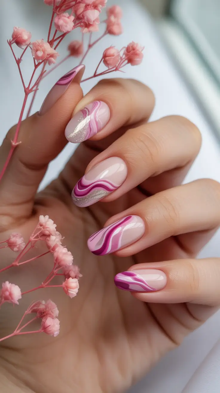 March Nails Color Ideas 2026 Pink Swirl Marble Nails