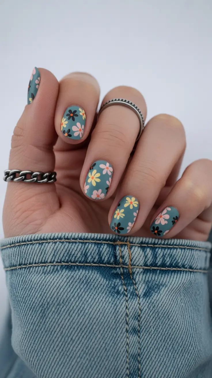 March Nails Color Ideas 2026 Dusty Teal Daisy Nails