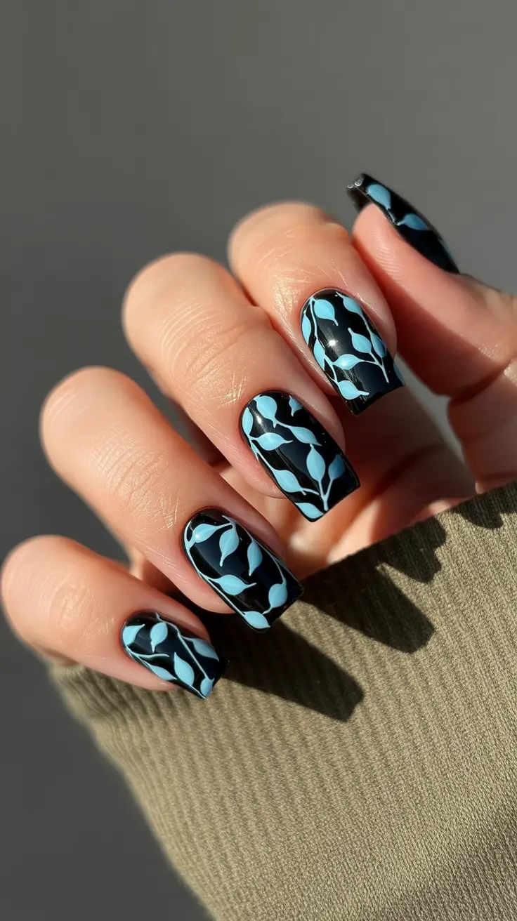 March Nails Color Ideas 2026 Black Blue Botanical Nails