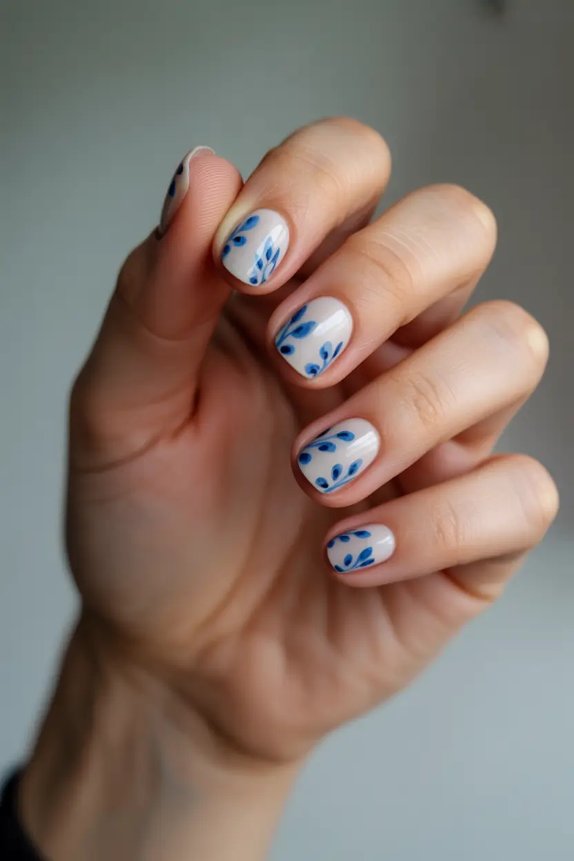 March Nails Color Ideas 2026 Milky Neutral Blue Leaf Nails