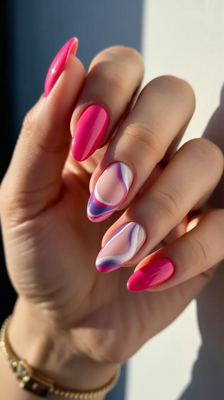 March Nails Color Ideas 2026 Hot Pink Gel With Abstract Wave Art