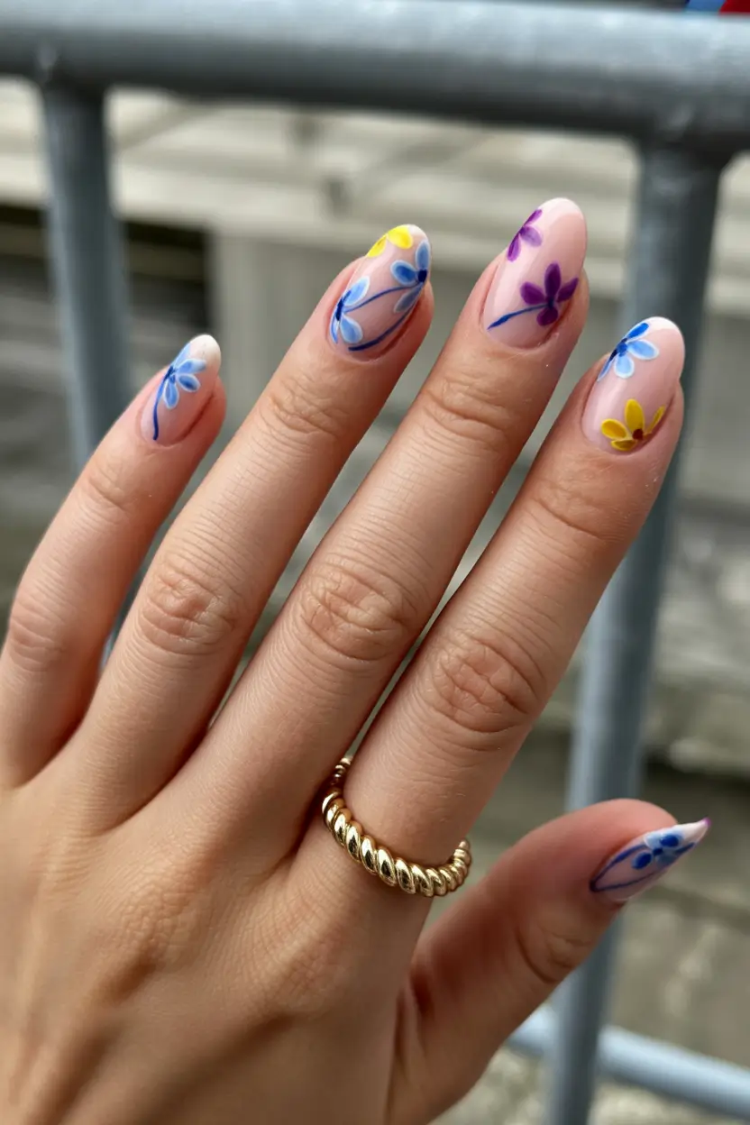 March Nails Color Ideas 2026 Soft Nude Florals With Bright Petal Details