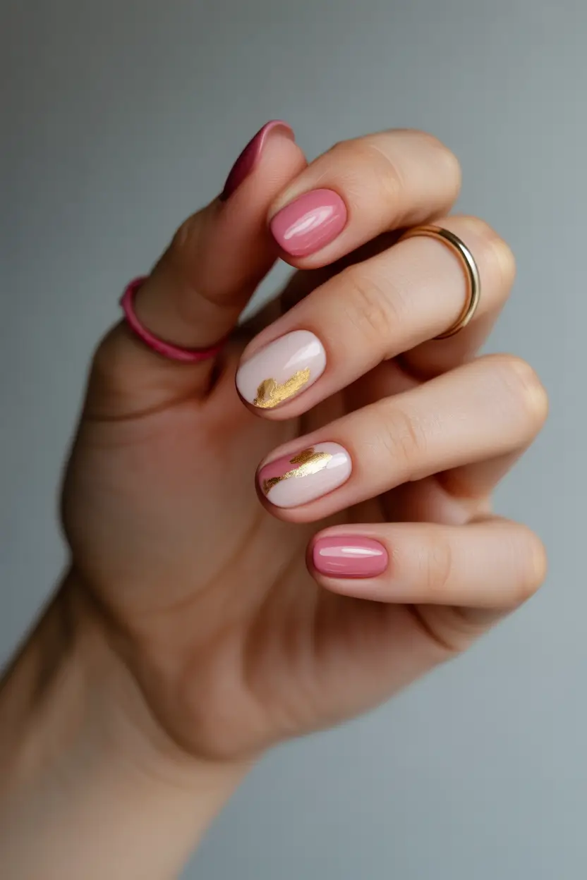 March Nails Ideas 2026 Classy Pink Gold Foil